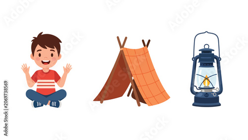 A happy young boy sitting cross-legged next to a tent and an old-fashioned oil lantern, symbolizing outdoor adventure and camping.
