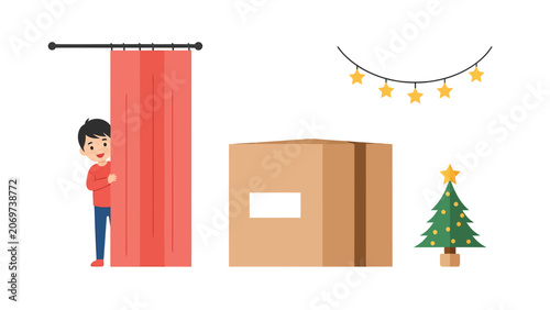 A young boy peeking from behind a red curtain next to a Christmas tree and a gift box.