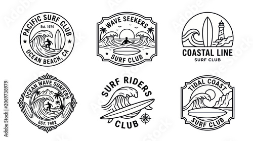 Foto Retro surf club emblems with waves and surfboards set