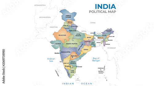 фотографія Political map of india with states and major cities