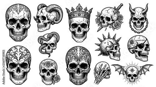 Bild auf Leinwand Collection of gothic skull tattoo designs with ornamental details