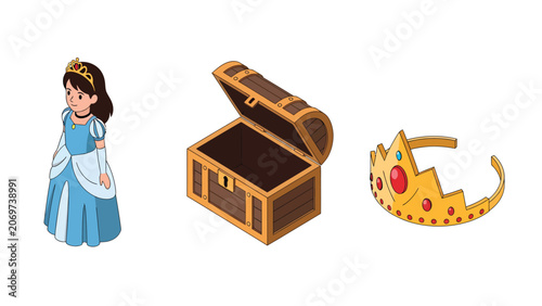 A cartoon princess in a blue dress stands next to an open treasure chest and a golden crown.