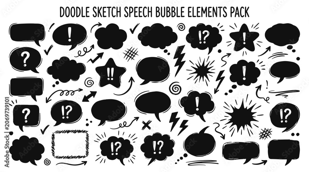 Fototapeta premium Grunge Doodle art collection hand drawn doodle elements speech bubbles and crowns
