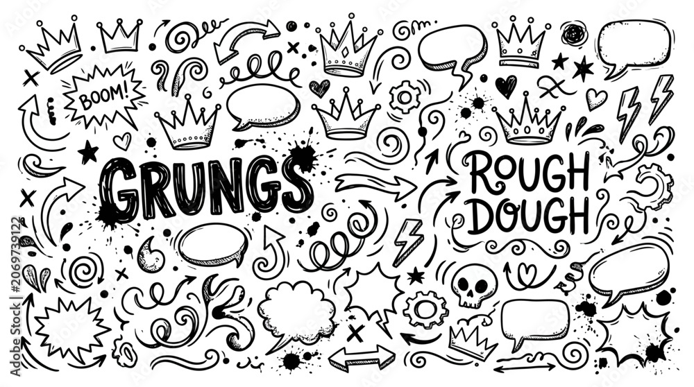 Fototapeta premium Grunge Doodle art collection hand drawn doodle elements speech bubbles and crowns 
