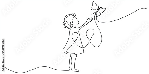 Obraz na plátně Minimal continuous line art vector illustration of fairy girl with butterfly rep