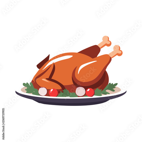 Roast Turkey with Vegetables Flat Vector Illustration