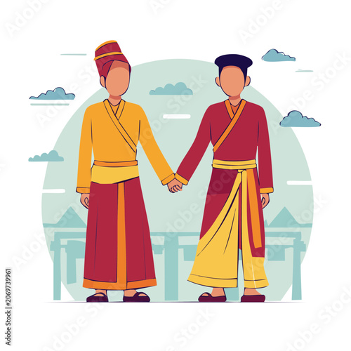 Traditional couple in cultural attire holding hands
