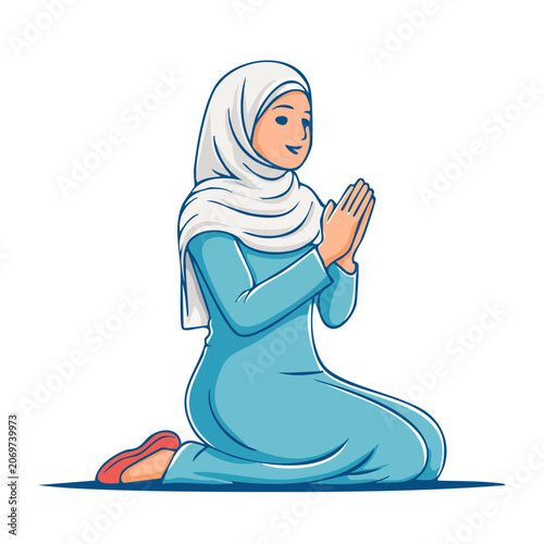Woman in hijab praying in flat vector style