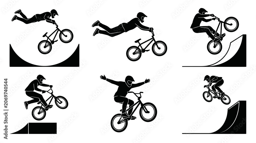 Naklejka premium Extreme bmx riders performing stunts and jumps on skatepark ramps