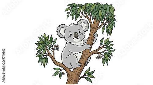 Photography Cute smiling koala climbing a eucalyptus tree branch