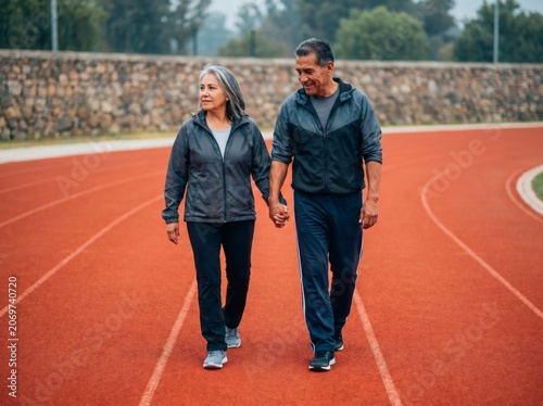 Active senior hispanic couple holding hands while walking on red running track for healthy aging and fitness concept