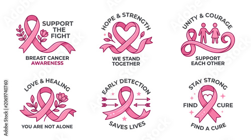 Breast cancer awareness pink ribbon emblems and inspirational badges