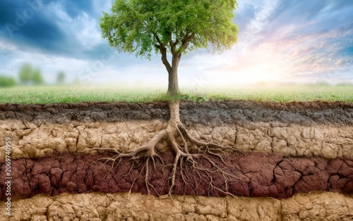 Geological Cross Section of Soil Layer Revealing Roots and Natural Landscape Underneath a Tree at Sunset