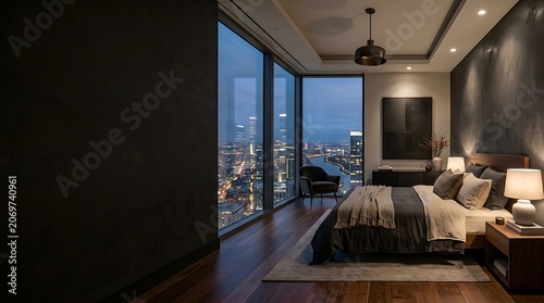 Modern luxury bedroom with city skyline view at night