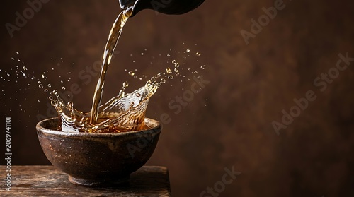 Tea pouring into a rustic ceramic bowl with a splash