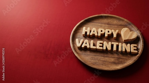 Wooden happy valentine message on a plate over red background