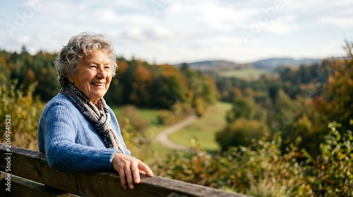 Smiling senior woman enjoying scenic autumn landscape from a bench