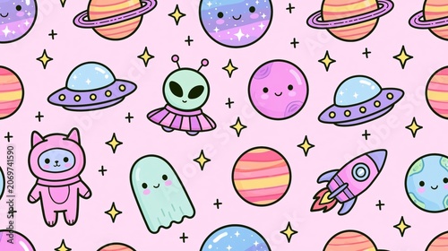 kawaii space seamless pattern with pastel planets rockets and aliens