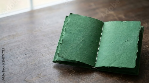 Open handmade green paper journal on a rustic wooden table