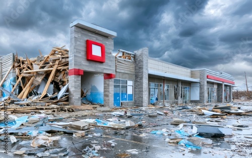 Dramatic Storm Clouds Over a Struggling Building After Destruction from Severe Weather Event
