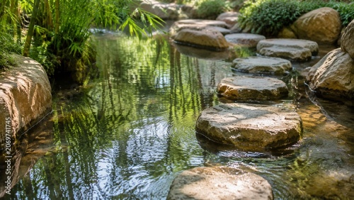 Tranquil Stone Garden Rill With Flowing Water