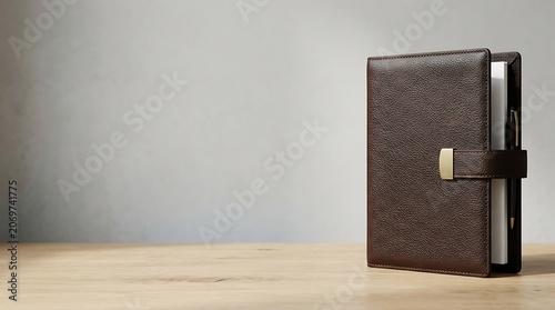 Brown leather organizer notebook on a wooden desk
