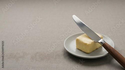 Fresh butter block on a ceramic plate with a wooden handle knife