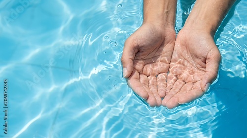 Cupped hands holding clear blue water in a swimming pool