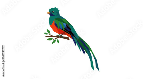 Obraz na plátně Vibrant resplendent quetzal perched on a branch in geometric style