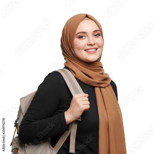 Smiling young woman wearing a hijab and carrying a school backpack
