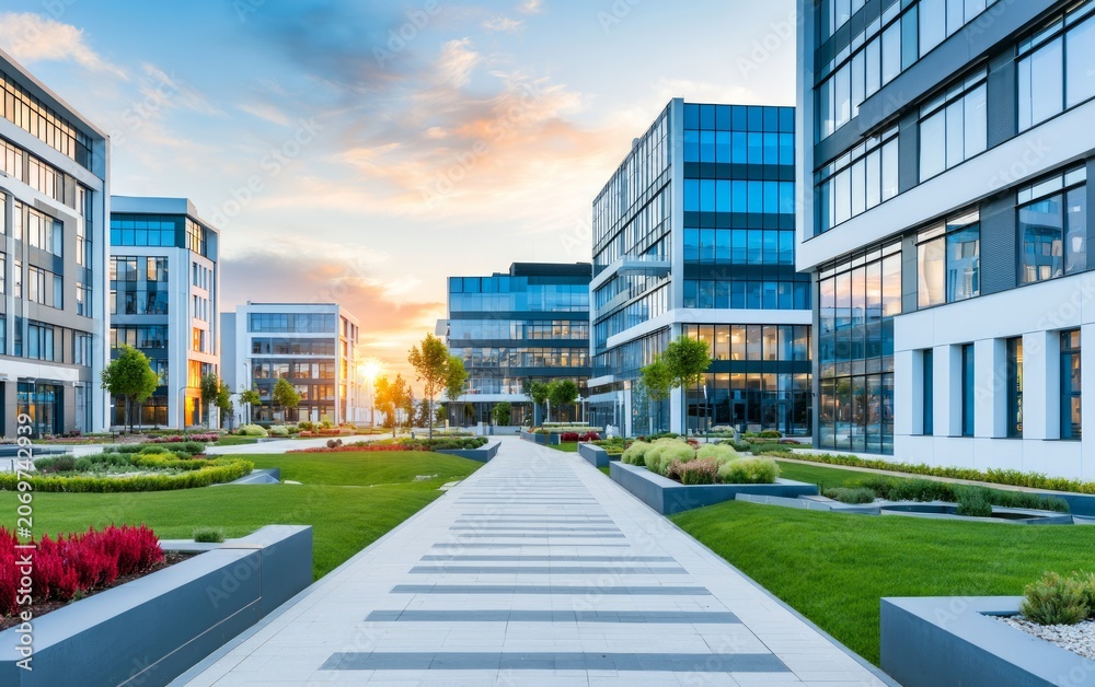 Fototapeta premium Modern office campus during sunset with green spaces and clear skies showcasing contemporary architecture