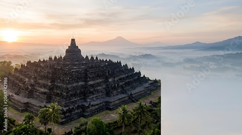 Sunrise over ancient buddhist temple surrounded by morning mist