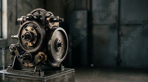 Close up of complex industrial mechanical gear assembly in workshop