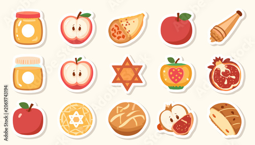 Quadro su tela A collection of Rosh Hashanah holiday stickers featuring traditional symbols like honey, apples, pomegranates, shofars, and Stars of David