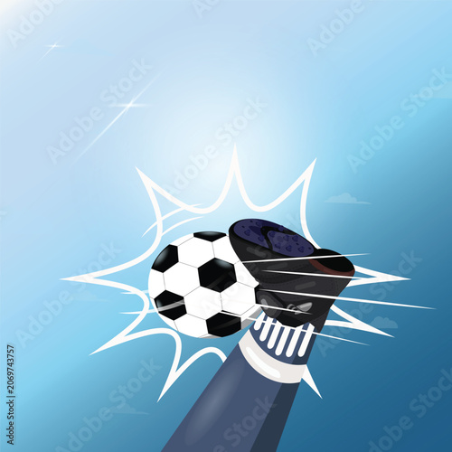 Vector illustration of a  powerful volley kick soccer with a blue sky background