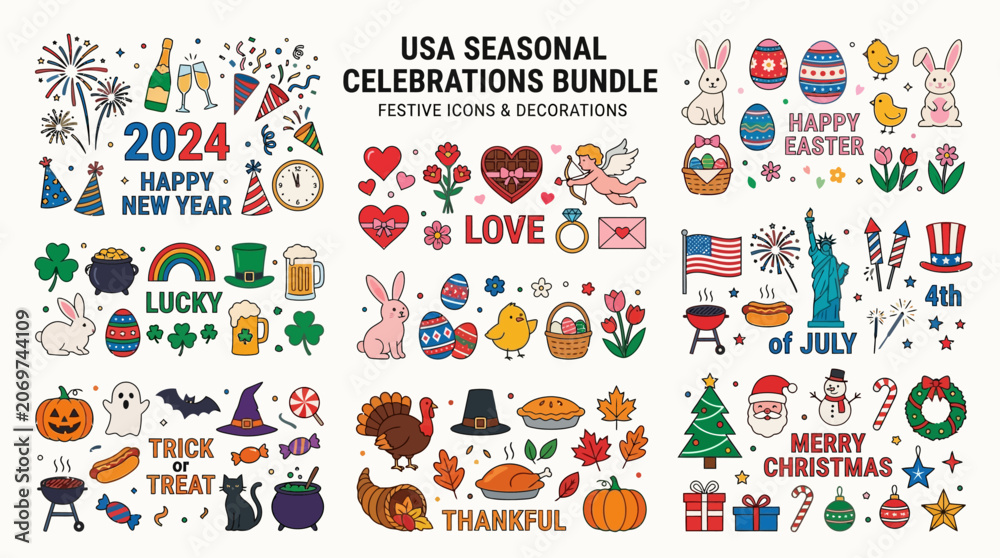 Fototapeta premium USA seasonal celebrations bundle featuring symbols and icons