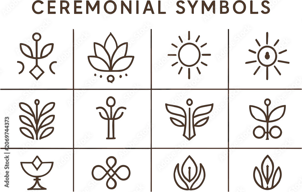 Fototapeta premium Minimalist line art ceremonial symbols grid featuring nature-inspired and spiritual designs on a white background.