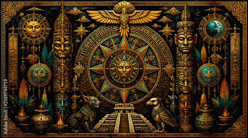 Fotografie Intricate ancient Mayan-inspired cosmic calendar and sun god imagery with animal motifs and pyramid structures