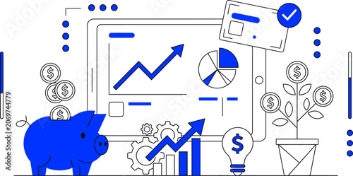 Financial growth and investment concept with piggy bank and charts for web banner social media banner business presentation marketing meterial.