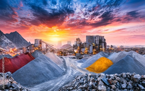 Industrial Mining Processing Plant at Sunset with Vibrant Colors and Spectacular Cloud Patterns Overhead