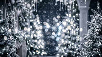 Snowy christmas trees decorated with glowing white fairy lights, hanging crystal ornaments, and soft bokeh background, in a dark, winter night