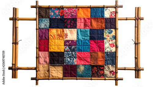 Colorful patchwork quilt framed by bamboo, warm colors