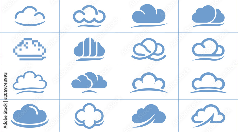 Fototapeta premium Collection of various blue cloud icons.
