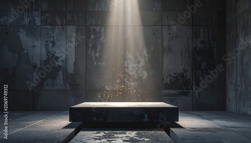 A darkened room with a spotlight shining on a low platform