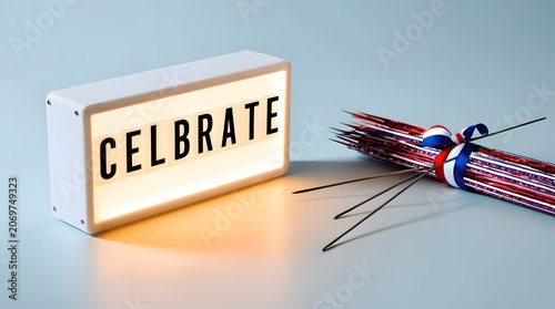 Lightbox celebrate sign with fireworks decoration USA party concept