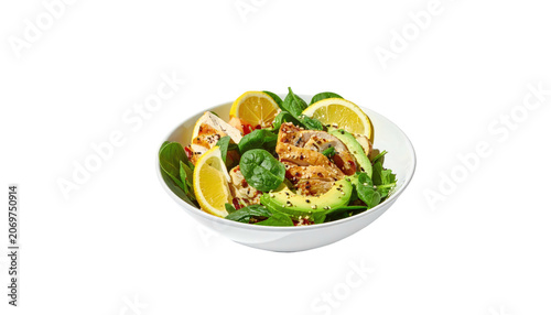 Bowl of grilled chicken salad with lemon and avocado slices