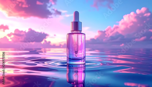 A serene dropper bottle floats on rippling water at sunset (51)