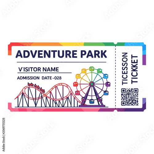Adventure Park Admission Ticket Design with Ferris Wheel and Roller Coaster Illustration