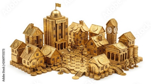 Miniature city made of gold coins representing real estate investment and wealth with money city miniature buildings business growth financial growth money management property inve