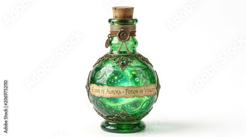 Antique green glass potion bottle with cork stopper and ornate metal decoration mystical decoration ornament isolated background container chemistry witchcraft decorative